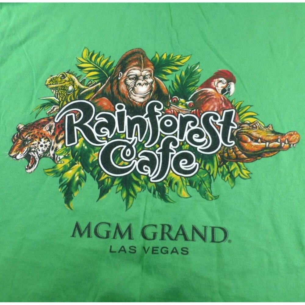Rainforest Cafe MGM Grand Las Vegas Green Souvenir T-Shirt L Cotton Crewneck Sho